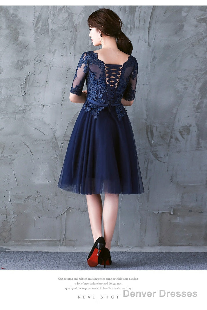 Navy Blue Lace Short Sleeves Tulle Short Homecoming Dress, Blue Tulle Prom Dress Formal Dress