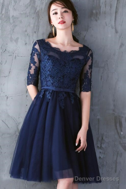 Navy Blue Lace Short Sleeves Tulle Short Homecoming Dress, Blue Tulle Prom Dress Formal Dress Main image