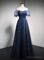 Navy Blue Long Off Shoulder A-line Prom Dress, Blue Formal Dress