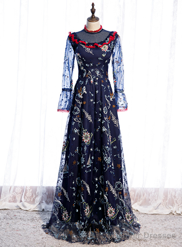 Navy Blue Long Sleeve Embroidery High Neck Prom Dress Main image