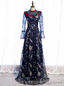 Navy Blue Long Sleeve Embroidery High Neck Prom Dress