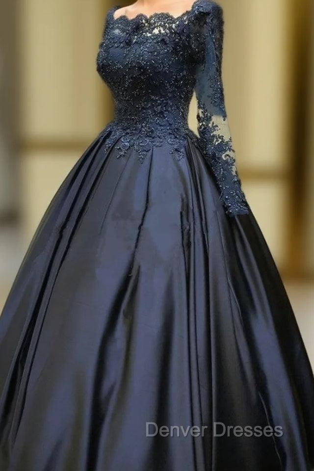 Navy Blue Long Sleeve Prom Dress Appliques Beaded Ball Gown Main image