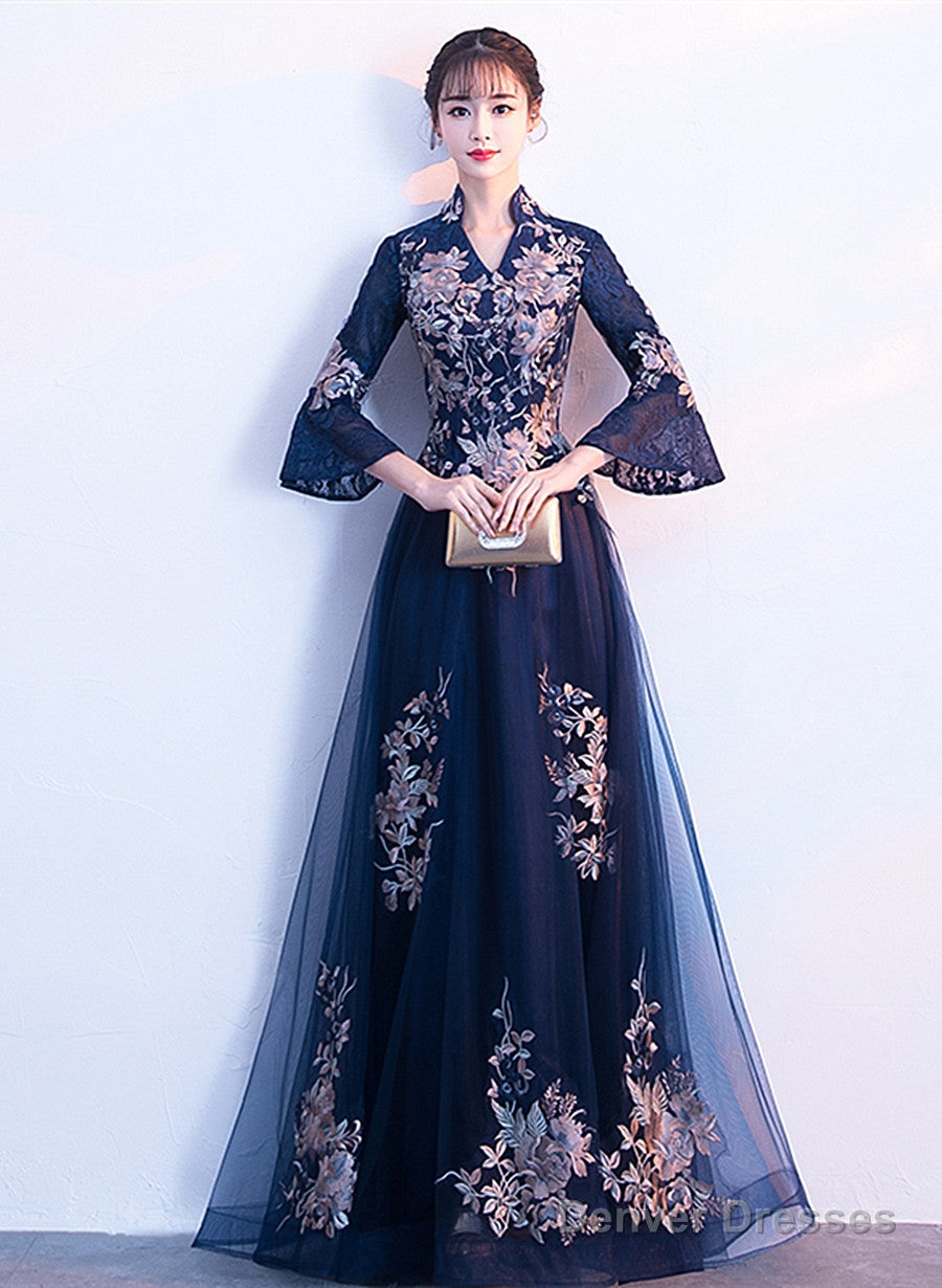 Navy Blue Long Sleeves A-Line Party Dress, Navy Blue Bridesmaid Dress Prom Dress Secondary image