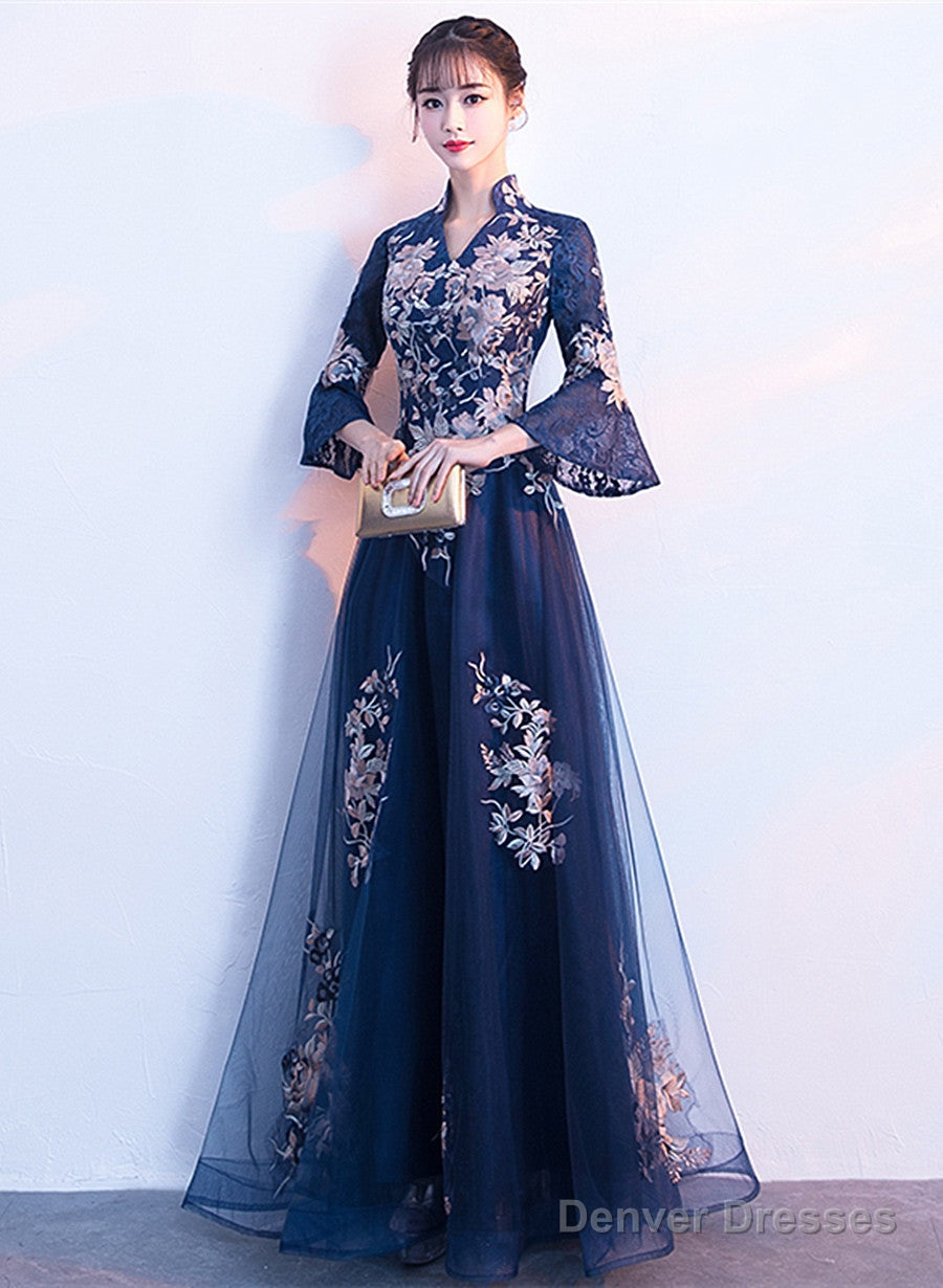 Navy Blue Long Sleeves A-Line Party Dress, Navy Blue Bridesmaid Dress Prom Dress