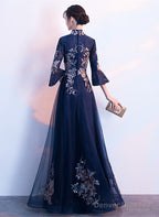 Navy Blue Long Sleeves A-Line Party Dress, Navy Blue Bridesmaid Dress Prom Dress