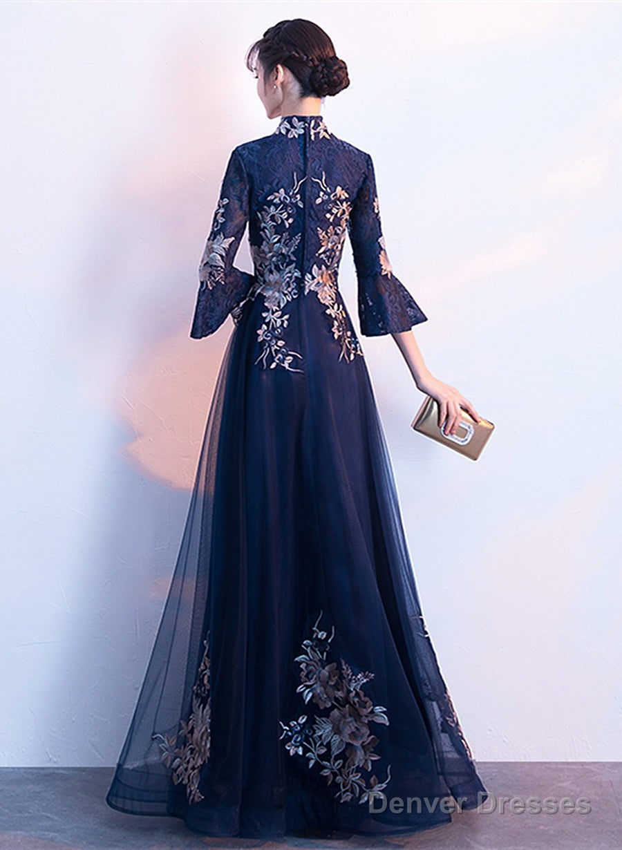 Navy Blue Long Sleeves A-Line Party Dress, Navy Blue Bridesmaid Dress Prom Dress