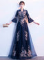 Navy Blue Long Sleeves A-Line Party Dress, Navy Blue Bridesmaid Dress Prom Dress