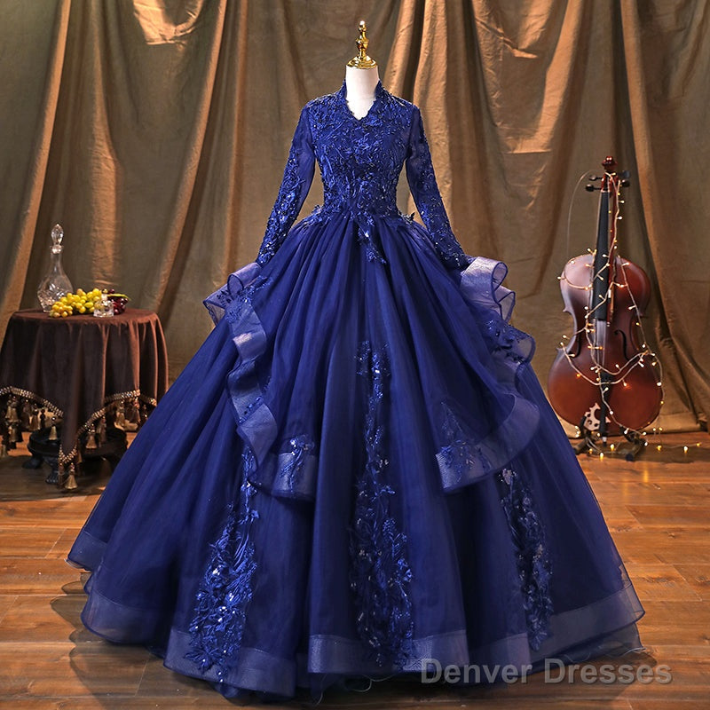 Navy Blue Long Sleeves Party Dress Prom Dress, Tulle With Lace Formal Dresses Secondary image