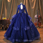 Navy Blue Long Sleeves Party Dress Prom Dress, Tulle With Lace Formal Dresses