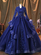 Navy Blue Long Sleeves Party Dress Prom Dress, Tulle With Lace Formal Dresses