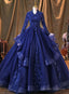 Navy Blue Long Sleeves Party Dress Prom Dress, Tulle With Lace Formal Dresses