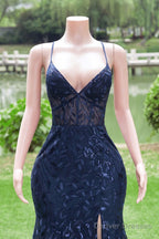 Navy Blue Mermaid Long Prom Dress With Leg Slit, Navy Blue Party Dress