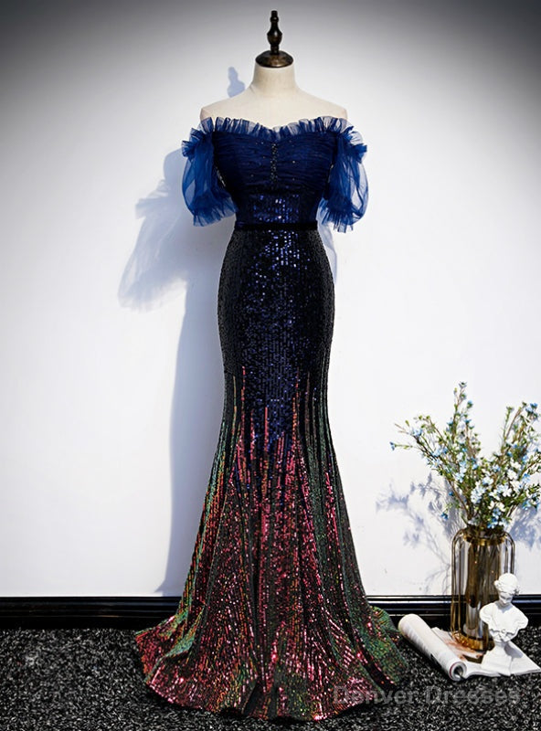 Navy Blue Mermaid Sequins Off the Shoulder Short Sleeve Prom Dress Main image