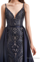 Mermaid Sequins Spaghetti Straps Prom Dresses With Detachable Train