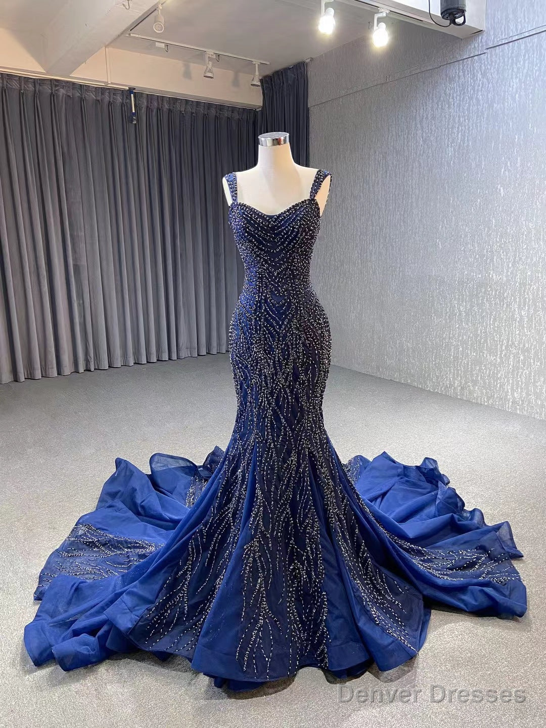 Navy Blue Mermaid Straps Beading Prom Dress Main image