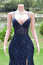 Navy Blue Mermaid V-Neck Straps Sequin Lace Prom Dresses