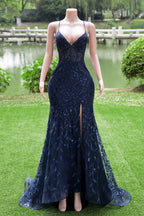 Navy Blue Mermaid V-Neck Straps Sequin Lace Prom Dresses
