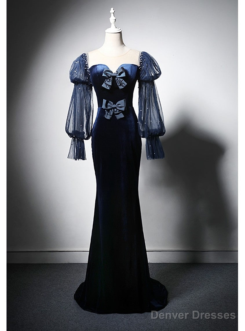 Navy Blue Mermaid Velvet Long Sleeve Prom Dress Main image