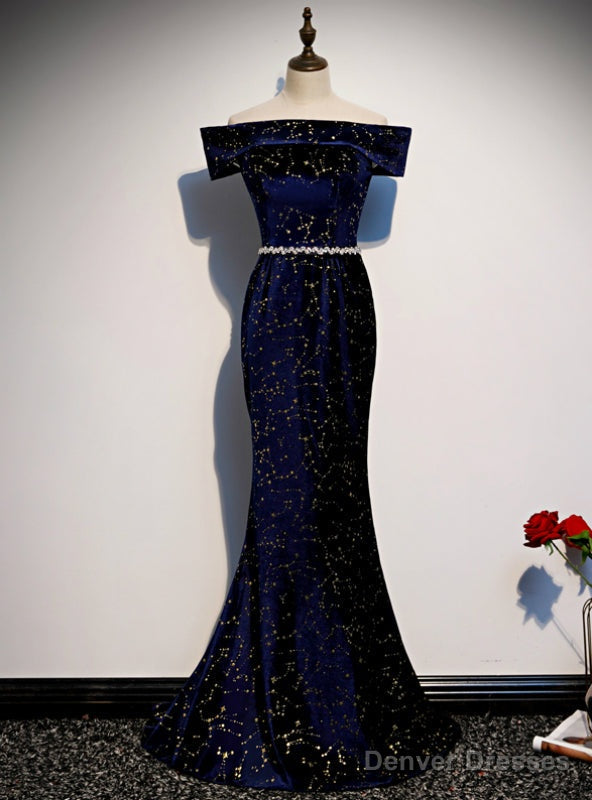 Navy Blue Mermaid Velvet Off the Shoulder Beading Prom Dress Main image