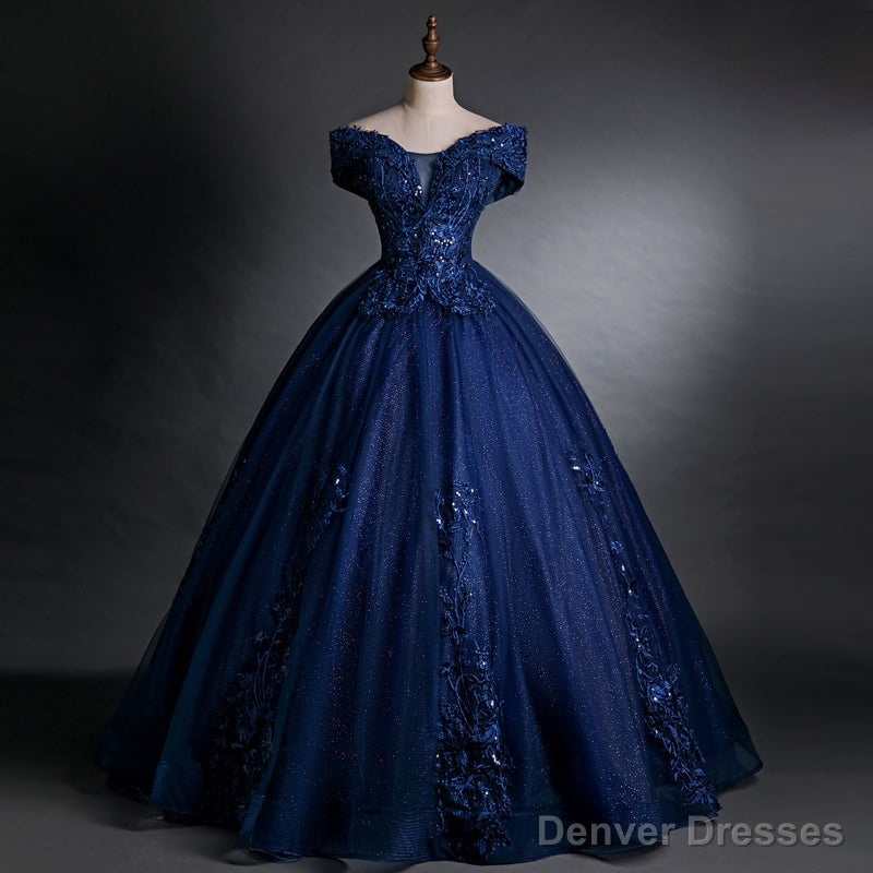 Navy Blue Off Shoulder Ball Gown Tulle with Lace Sweet 16 Gown, Quinceanera Dresses Secondary image