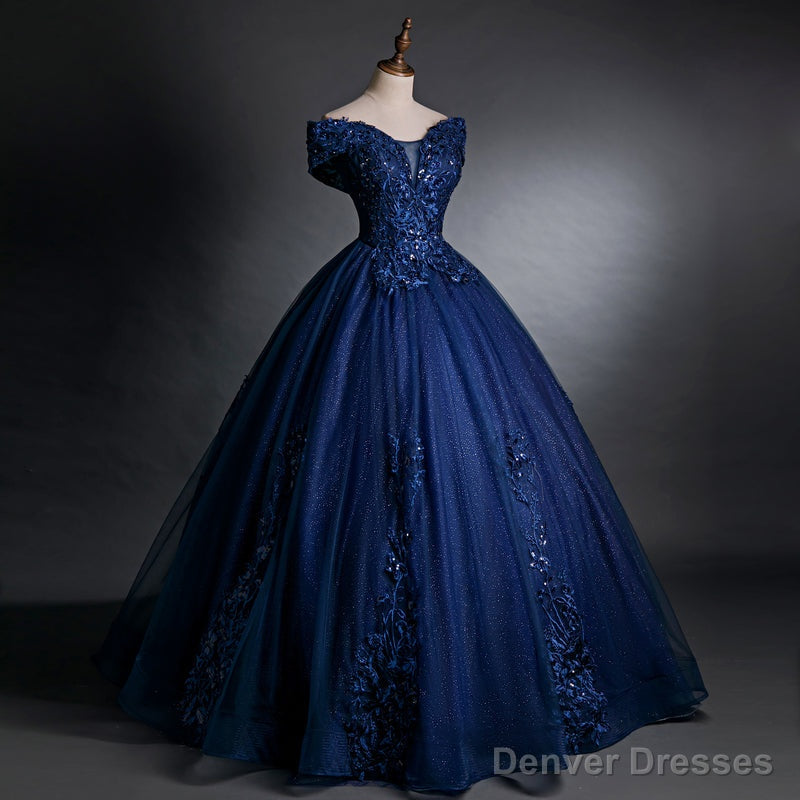 Navy Blue Off Shoulder Ball Gown Tulle with Lace Sweet 16 Gown, Quinceanera Dresses Main image