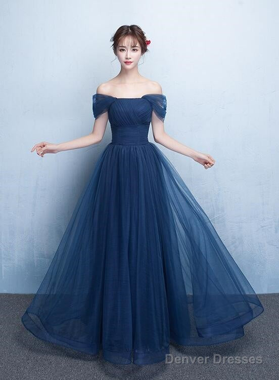 Navy Blue Off Shoulder Princess Long Party Dress, A-Line Junior Prom Dress Main image