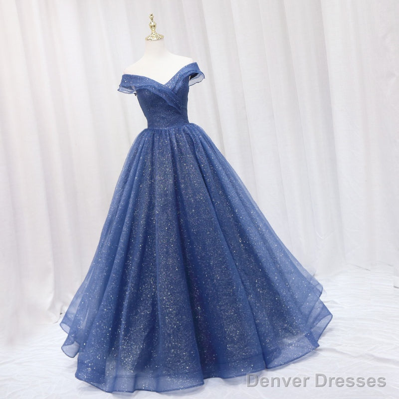 Navy Blue Off Shoulder Shiny Tulle Floor Length Prom Dress, Blue Prom Dress