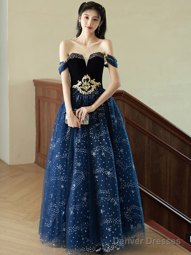 Navy Blue Off Shoulder Tulle Beaded Party Dress, Blue Long Formal Dress Secondary image