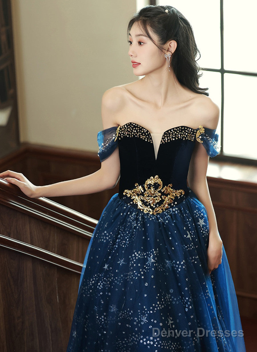 Navy Blue Off Shoulder Tulle Beaded Party Dress, Blue Long Formal Dress Main image