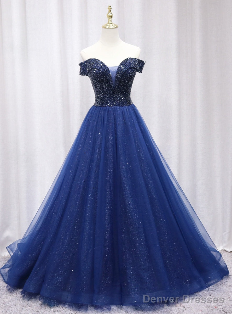 Navy Blue Off the Shoulder Beading Prom Dress Main image