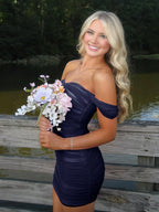 Navy Blue Off The Shoulder Tulle Homecoming Dress Short Cocktail Dresses