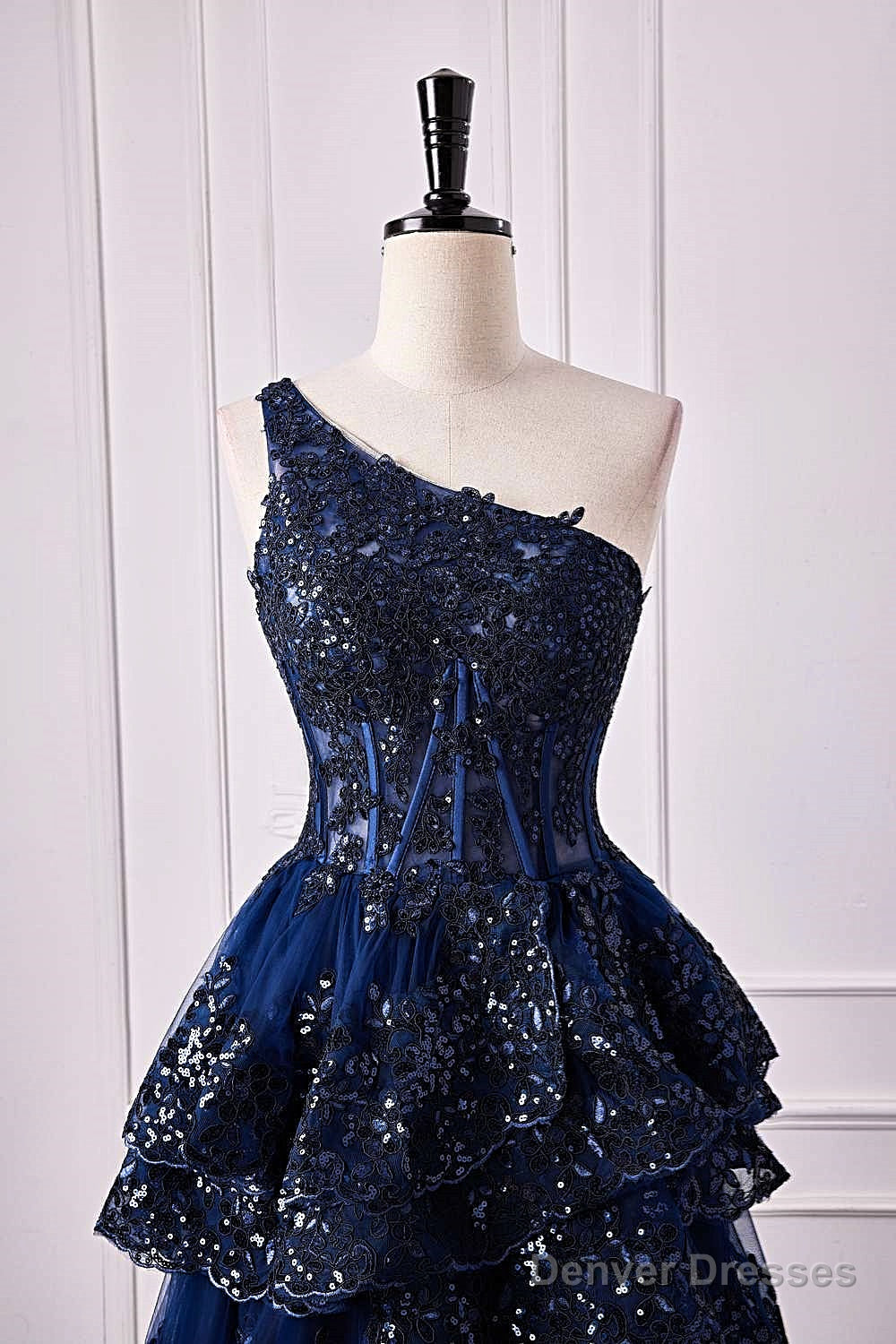 Navy Blue One Shoulder Sequin Ruffle A-Line Formal Dress Secondary image