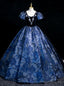 Navy Blue Puff Sleeve Beading Quinceanera Dress