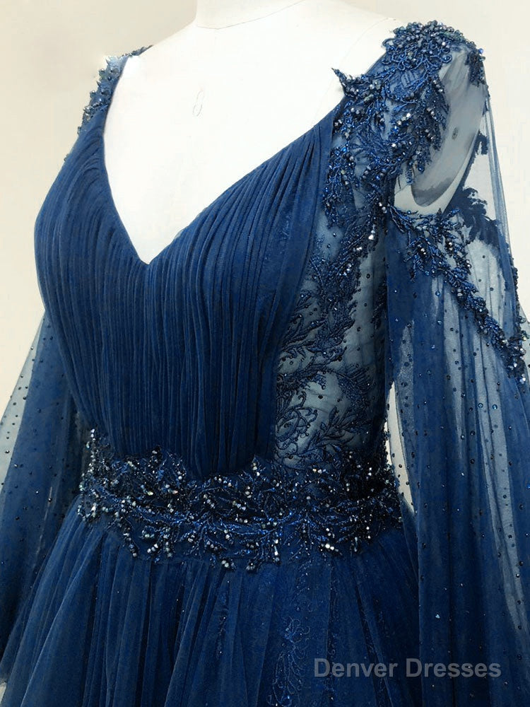 Navy Blue Puffy Sleeves Tulle With Beadings Long Party Dress, Blue Long Prom Dress Secondary image