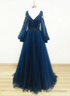 Navy Blue Puffy Sleeves Tulle With Beadings Long Party Dress, Blue Long Prom Dress