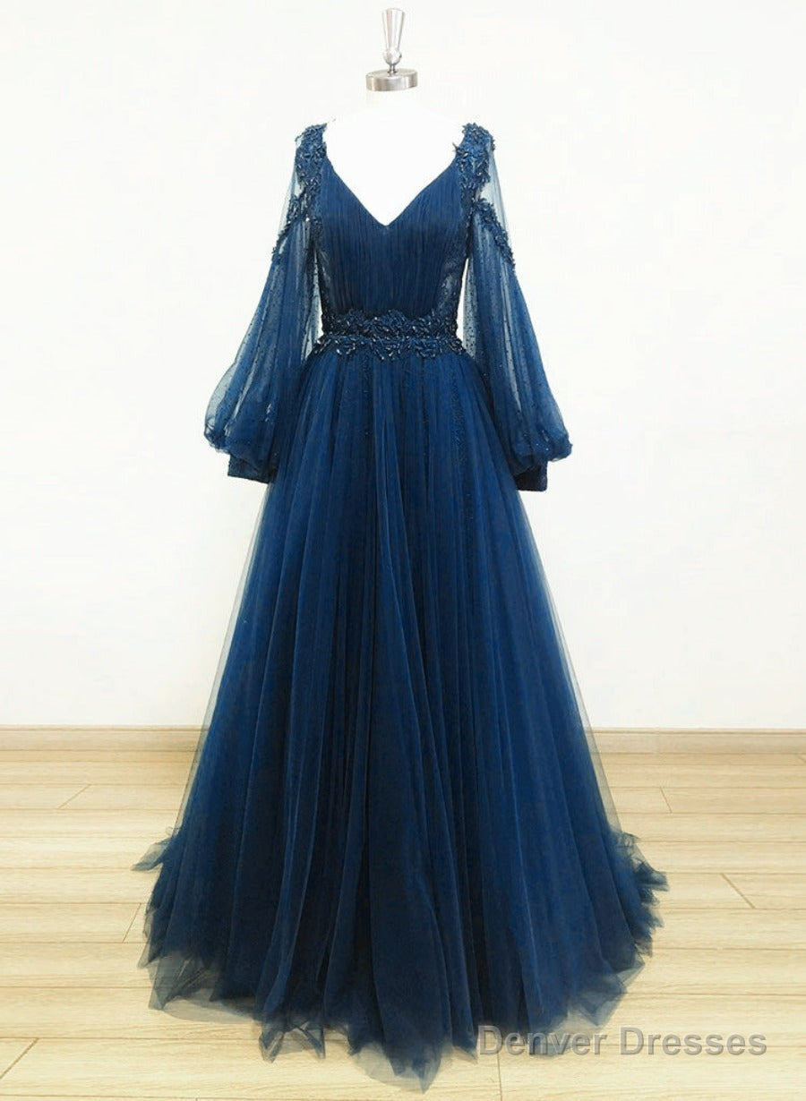 Navy Blue Puffy Sleeves Tulle With Beadings Long Party Dress, Blue Long Prom Dress