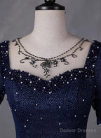 Navy Blue Round Neckline Short Sleeves Tulle Party Dress, Navy Blue Long Prom Dress