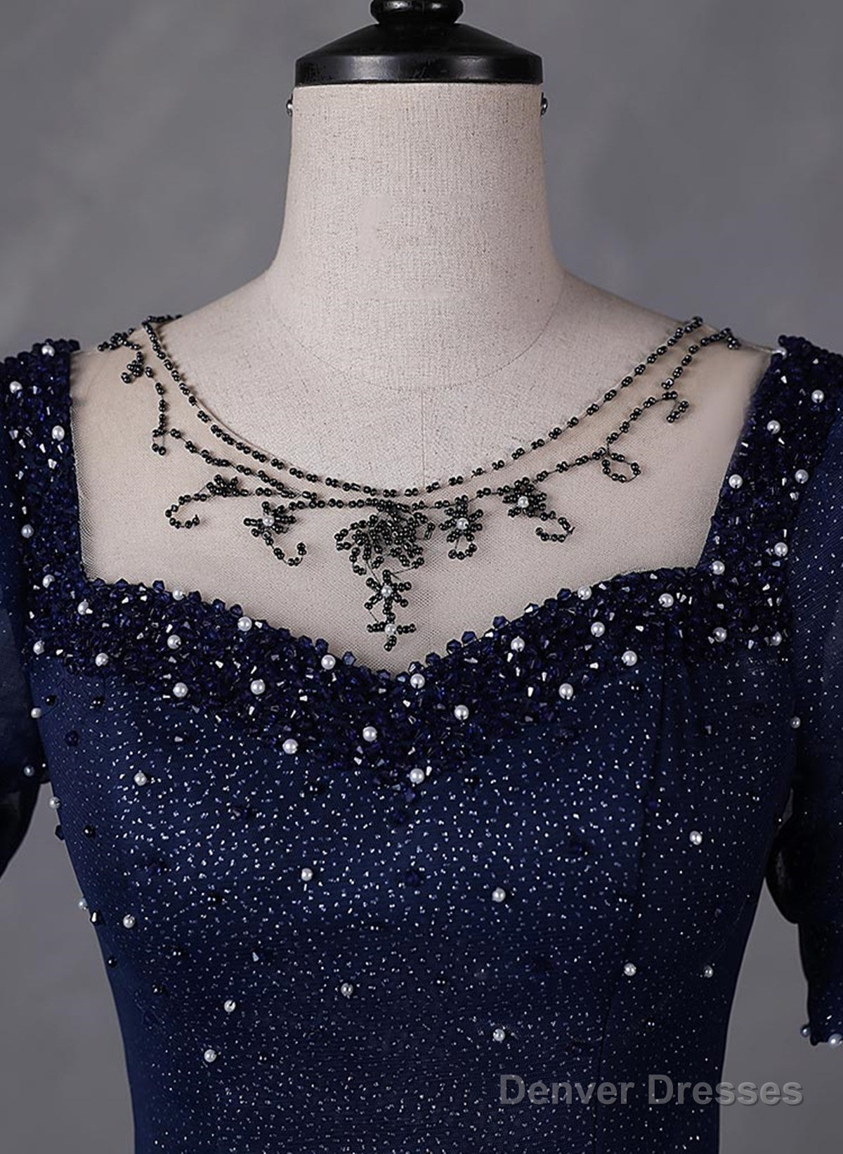 Navy Blue Round Neckline Short Sleeves Tulle Party Dress, Navy Blue Long Prom Dress