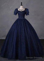 Navy Blue Round Neckline Short Sleeves Tulle Party Dress, Navy Blue Long Prom Dress