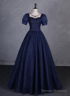 Navy Blue Round Neckline Short Sleeves Tulle Party Dress, Navy Blue Long Prom Dress