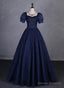 Navy Blue Round Neckline Short Sleeves Tulle Party Dress, Navy Blue Long Prom Dress