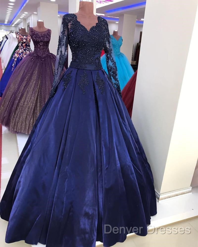 Navy Blue Satin Ball Gown Prom Dress Lace Long Sleeves Secondary image