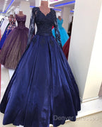 Navy Blue Satin Ball Gown Prom Dress Lace Long Sleeves