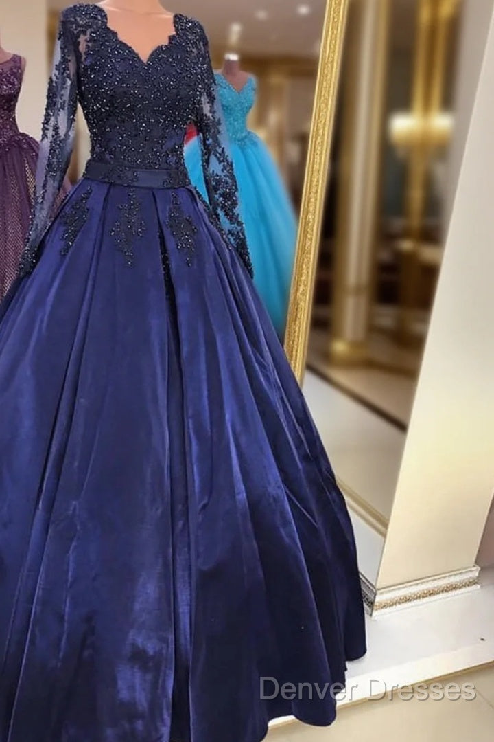 Navy Blue Satin Ball Gown Prom Dress Lace Long Sleeves Main image