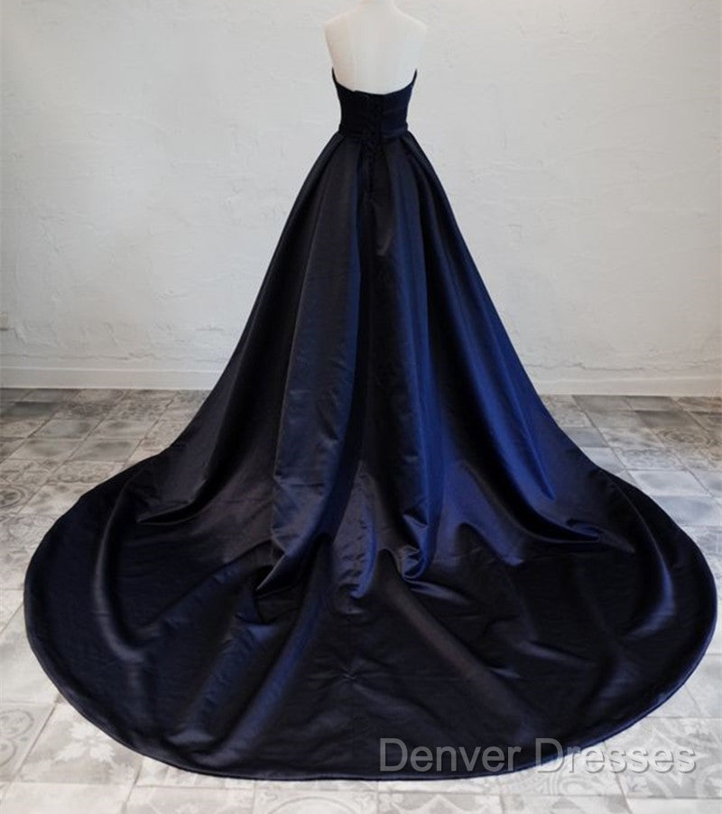 Navy Blue Satin Long Party Dress, Elegant Dark Blue Formal Dress Evening Dress