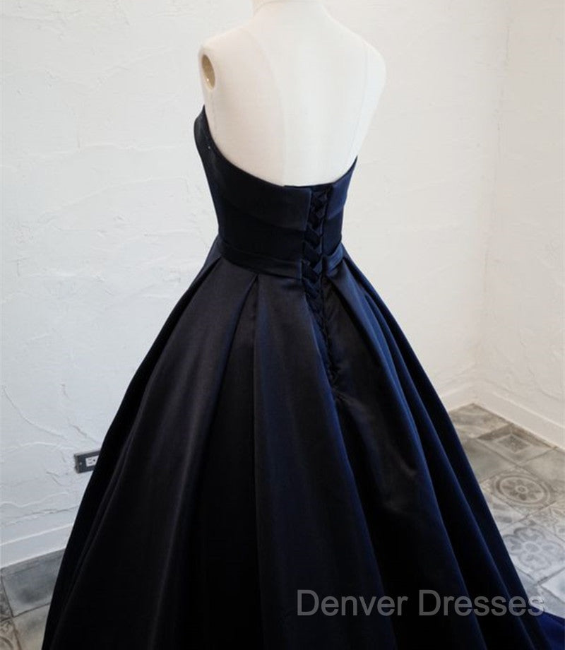 Navy Blue Satin Long Party Dress, Elegant Dark Blue Formal Dress Evening Dress