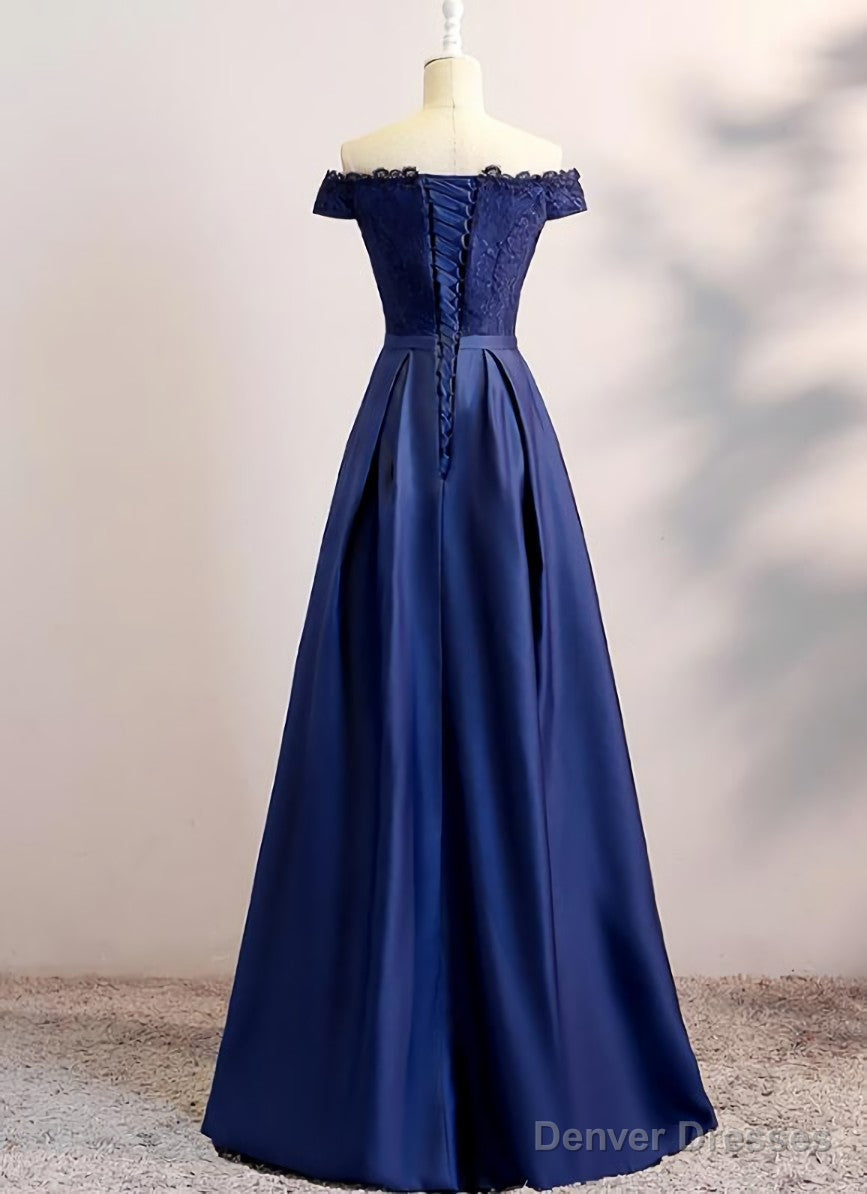 Navy Blue Satin Long Party Dress , Long Bridesmaid Dresses
