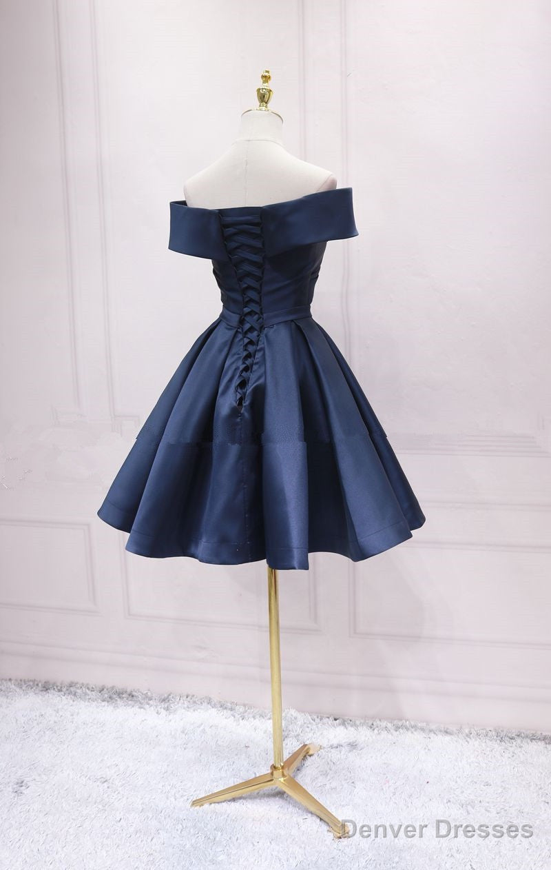Navy Blue Satin Off Shoulder Bridesmaid Dress Party Dress, Short Prom Dress Secondary image