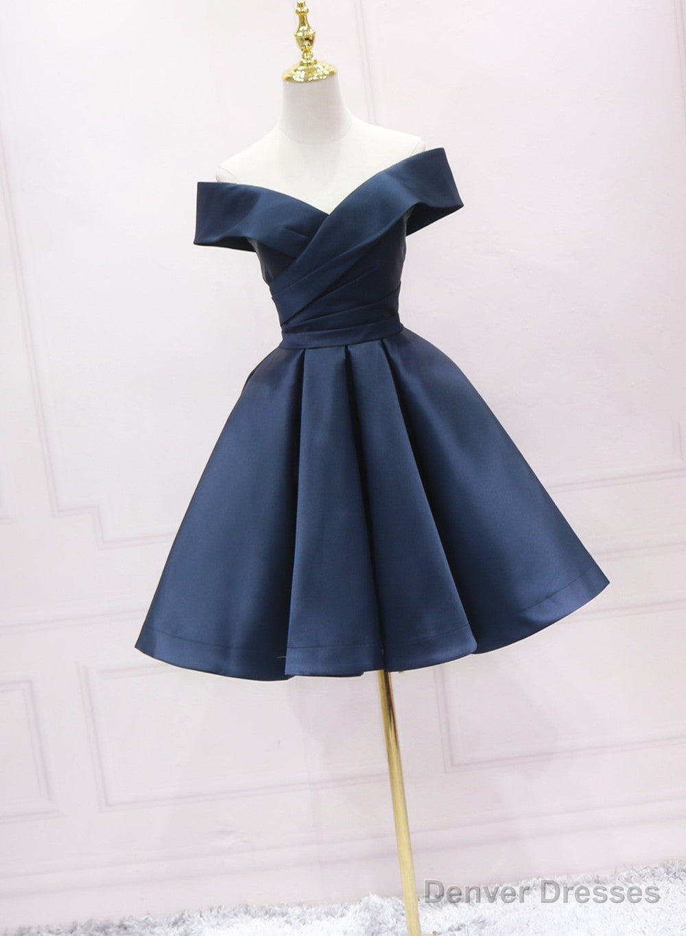 Navy Blue Satin Off Shoulder Bridesmaid Dress Party Dress, Short Prom Dress Main image