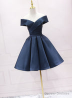 Navy Blue Satin Off Shoulder Bridesmaid Dress Party Dress, Short Prom Dress